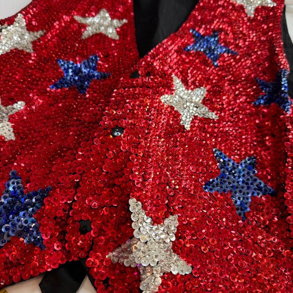 Vintage Vest Adult Small All Sequin Star Patriotic Snap Front Red White Blue - Picture 6 of 10